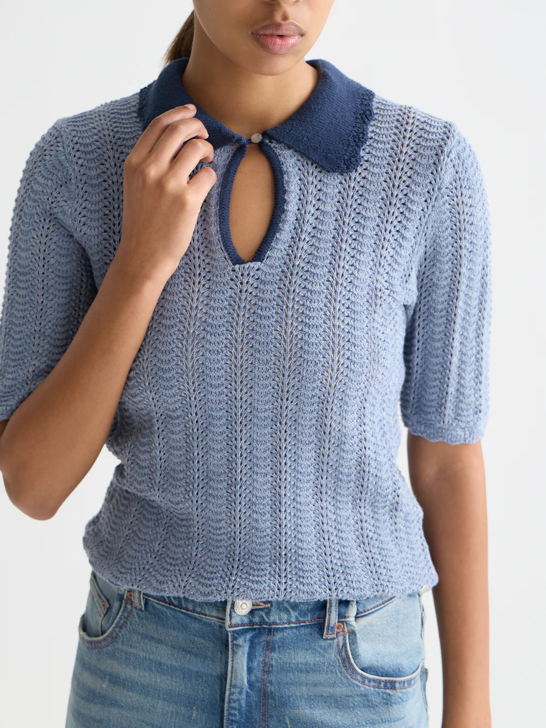 Pointelle collared knitted top - Image 10