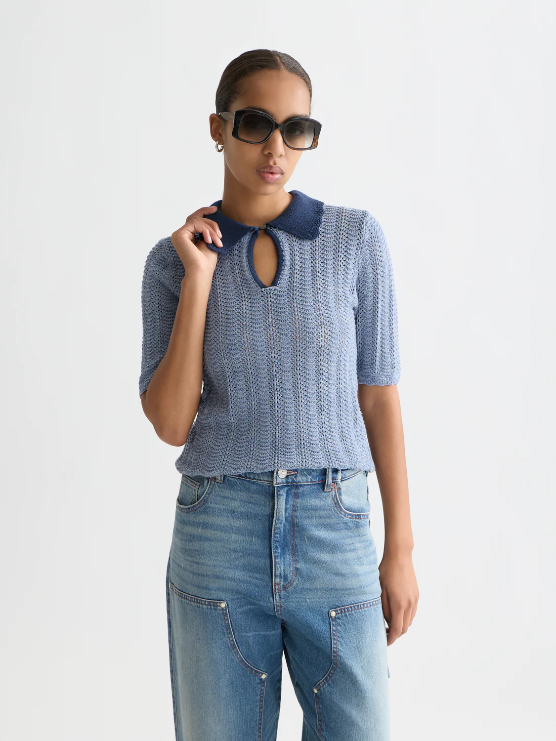 Pointelle collared knitted top - Image 8